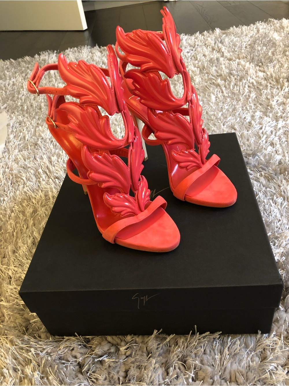 Giuseppe Zanotti Coral Red Floral Cutout Suede Heels
